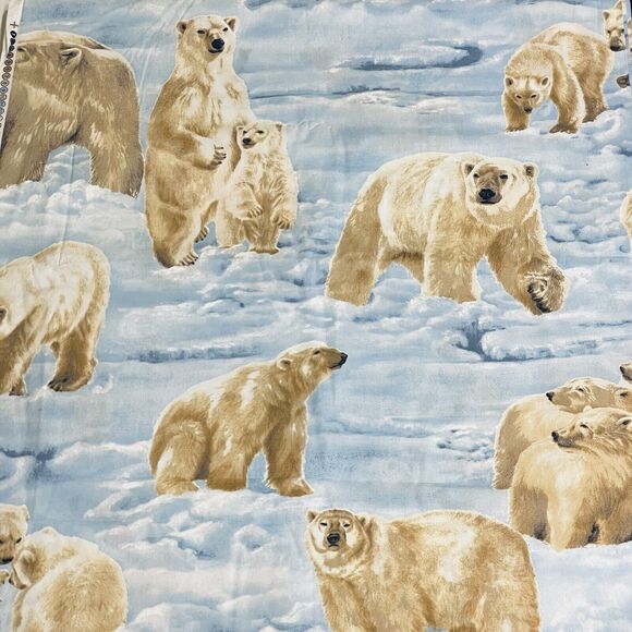 Vtg Arctic Polar Bears Blue White Cotton Fabric Quilting Sewing BTY - Picture 1 of 5
